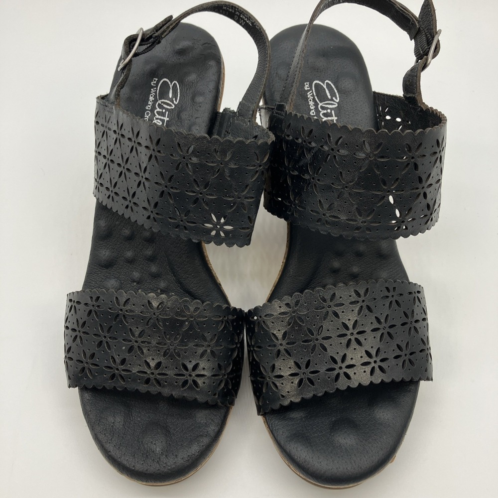 Walking Cradles Sandals 9 W Black Leather Cork Wedge Slingback Shoes Ankle Strap - Picture 2 of 14